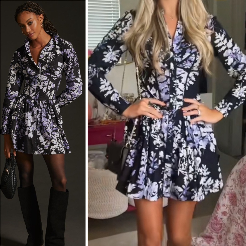 by Anthropologie Corset Collared Floral Smocked Long Sleeve Shirt Mini Dress